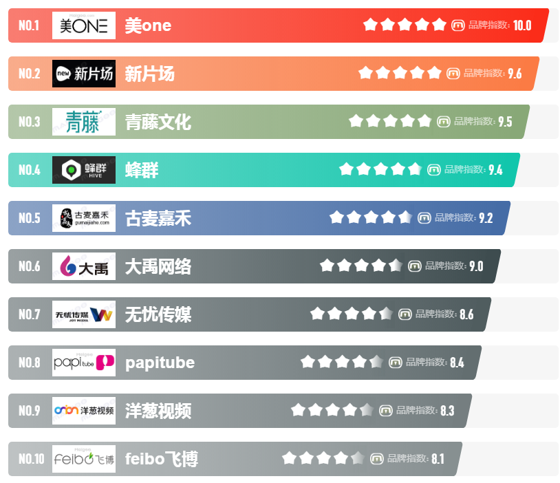 十大mcn機(jī)構(gòu)排行榜,是由CN10/CNPP品牌數(shù)據(jù)部門(mén)通過(guò)收集整理
