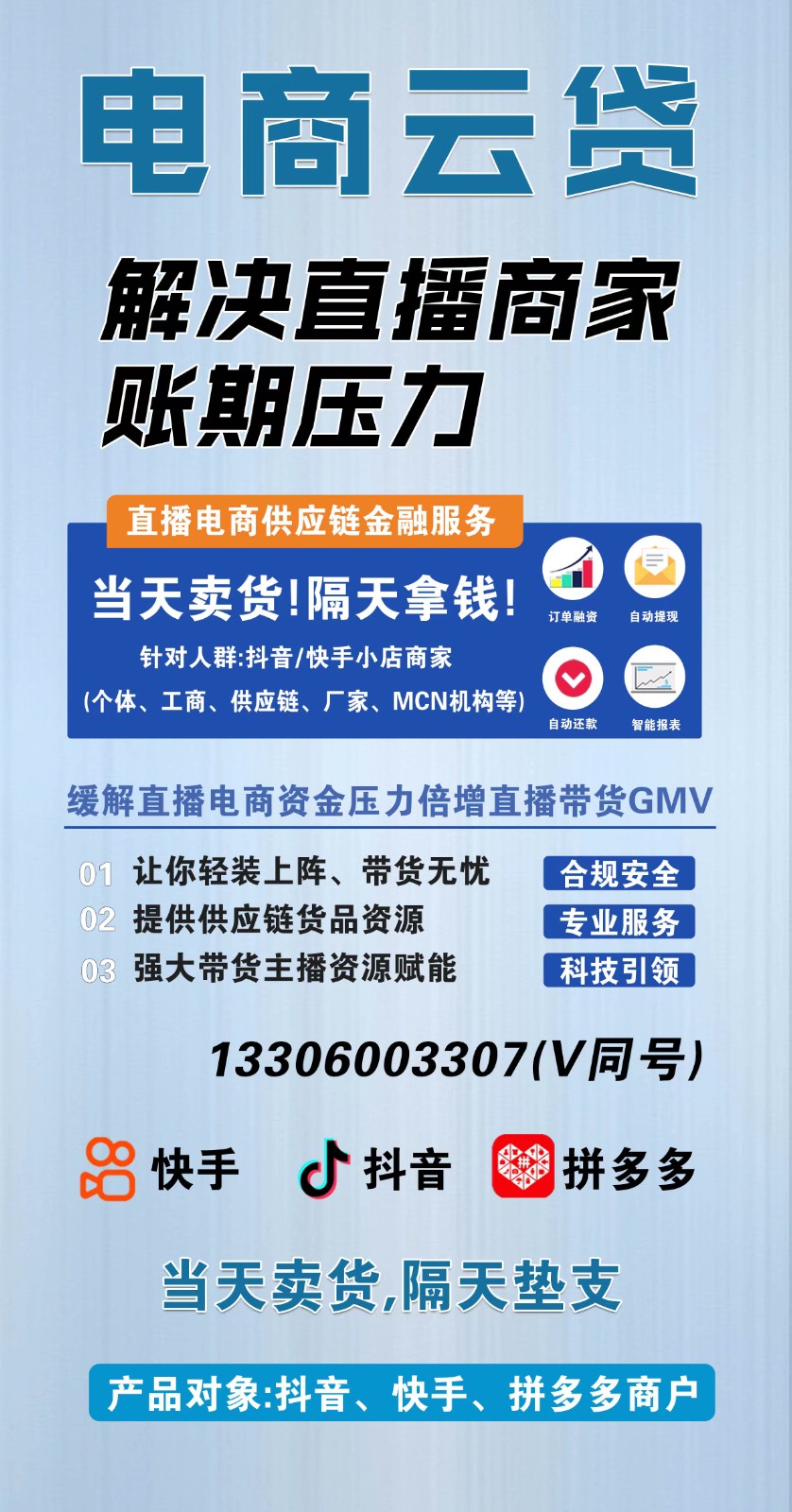 中國(guó)e直播帶貨供應(yīng)鏈機(jī)構(gòu)--?高墊資額度內(nèi)，提供墊資，解決商家們?nèi)辟Y金的問(wèn)題